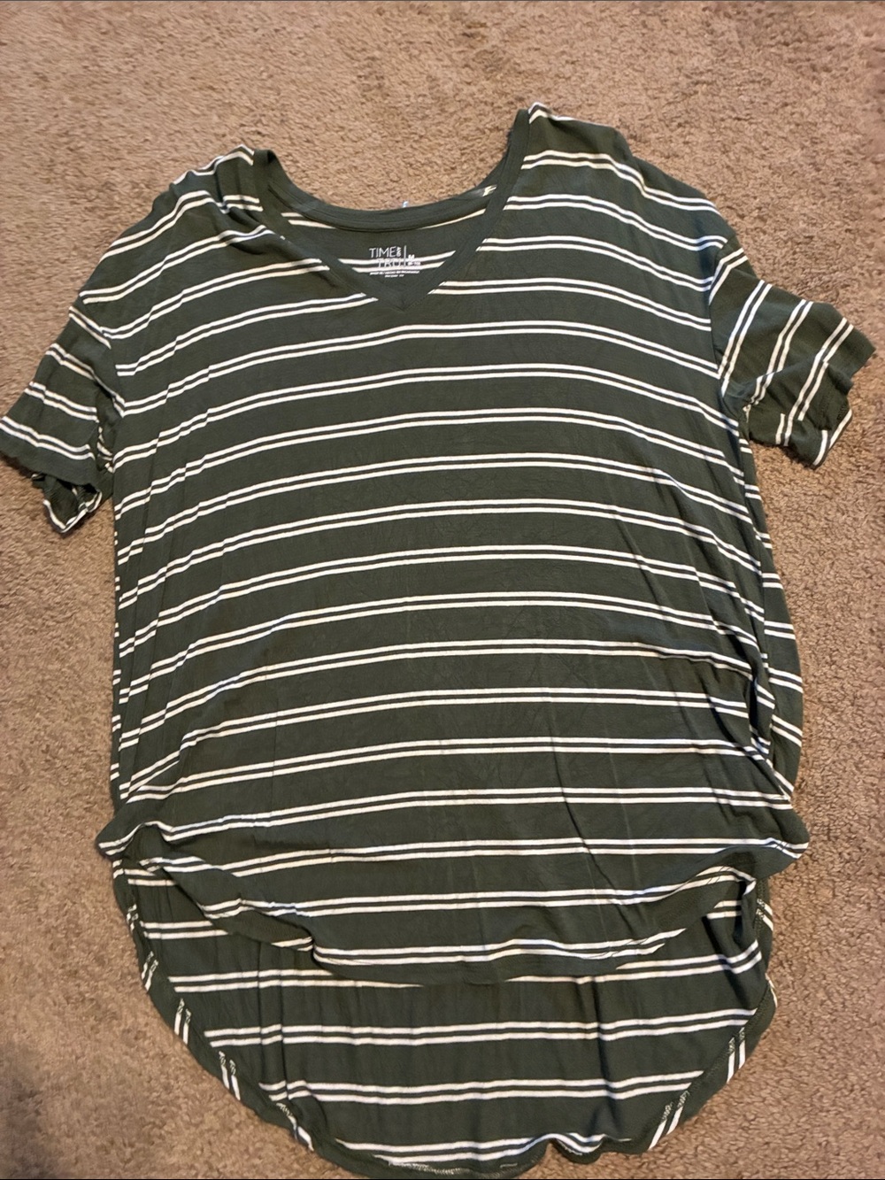 Time and Tru Olive Striped V-Neck Short Sleeve Top